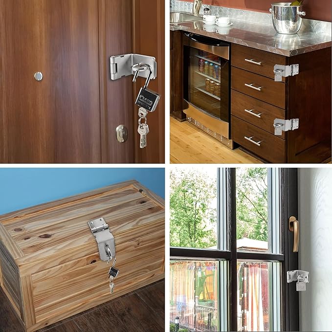 HOWDIA 4 Inch Door Lock Latch Padlock Hasp Set, 90 Degree Latch Lock with Screws and Padlock Stainless Steel Safety Right Angle Padlock Hasp Latch Security Door Clasp Hasp for Shed/Gate/Storage Lock