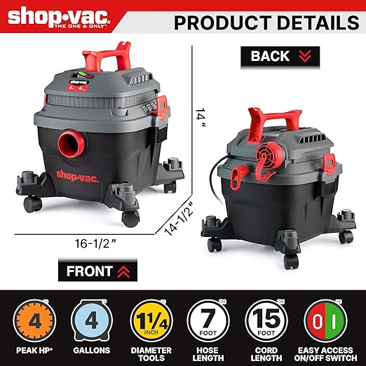 Shop-Vac 5430096 Wet/Dry Vacuum, 4 Gallon, 4 Peak HP, 1.25 Inch Diameter x 7 Foot Hose, 15 Foot Cord, Ideal for Jobsite, Garage, Workshop & Home