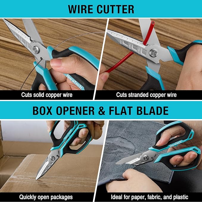 DURATECH 6.5-Inch Compact Electrician Scissors, 4-in-1 Multipurpose Scissors with TPR Comfort Grip, Serrated Blades for Cutting Copper Wire, Carpet, Leather, and Fabric