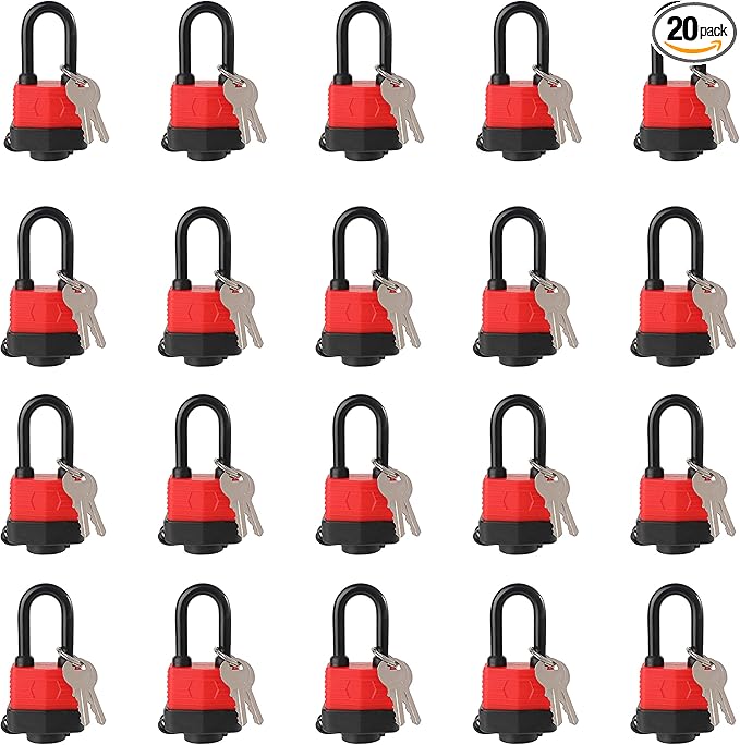 Heavy Duty Covered Laminated Steel Keyed Padlocks, Keyed Alike Locks, Waterproof Padlock for Outdoor use, 1-9/16 inch Wide Body, Long Shackle-Pack of 20