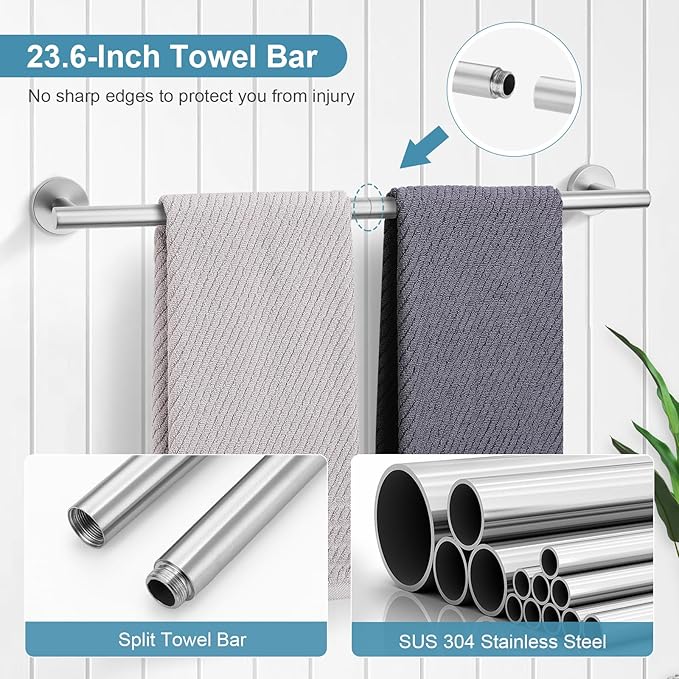 TQKAG Brushed Nickel Bathroom Hardware Set 6-Piece Bathroom Accessory Set 23.6 Inch Round Stainless Steel Towel Bar Set Wall Mounted