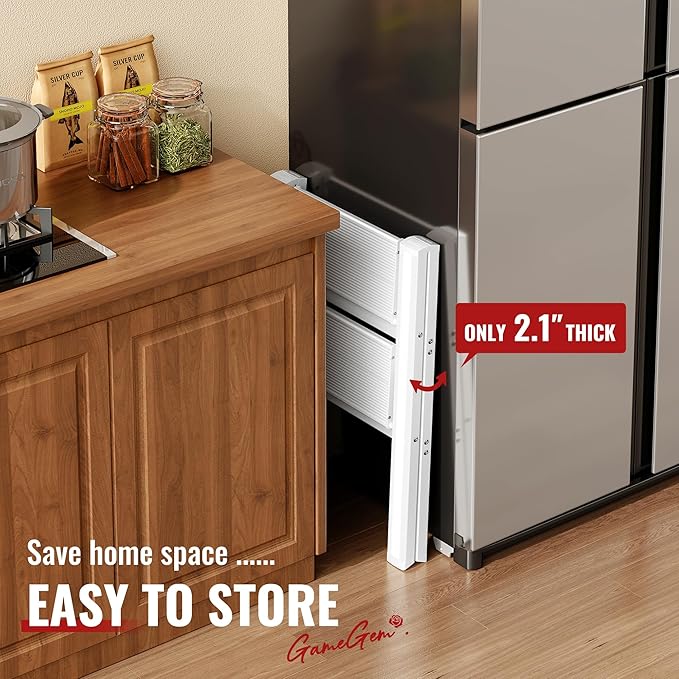 GameGem 2 Step Ladder, Aluminum Folding 2 Step Stool with Anti-Slip Sturdy and Wide Pedal, Lightweight Portable Stepladder for Home and Kitchen Use Space Saving, Cream White, 330 lbs