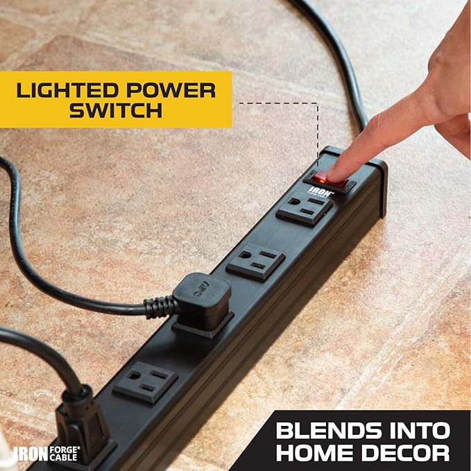 Iron Forge Cable 9 Outlet Heavy Duty Surge Protector Power Strip with Built-in Circuit Breaker, 14/3 SJT Black & Yellow with 9 ft Extension Cord