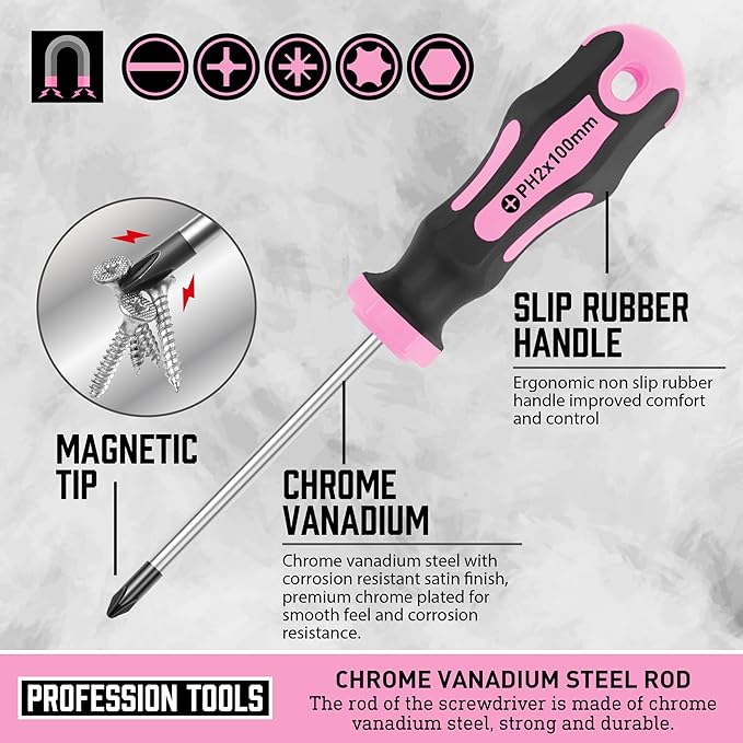 Magnetic Screwdrivers Set with Case, Amartisan 43-piece Includs Slotted, Phillips, Hex, Pozidriv,Torx and Precision Screwdriver Set, Magnetizer Demagnetizer Tools, Tools for Men (Pink))