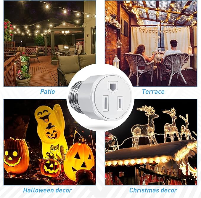 2 Packs E26/ E27 3 Prong Light Bulb Socket Adapter, Polarized Light Socket Outlet, Lights Sockets to Plug Adapter Sockets Converter, Lights Bulb Plug Adapters for Patio, Garage, Porch, White