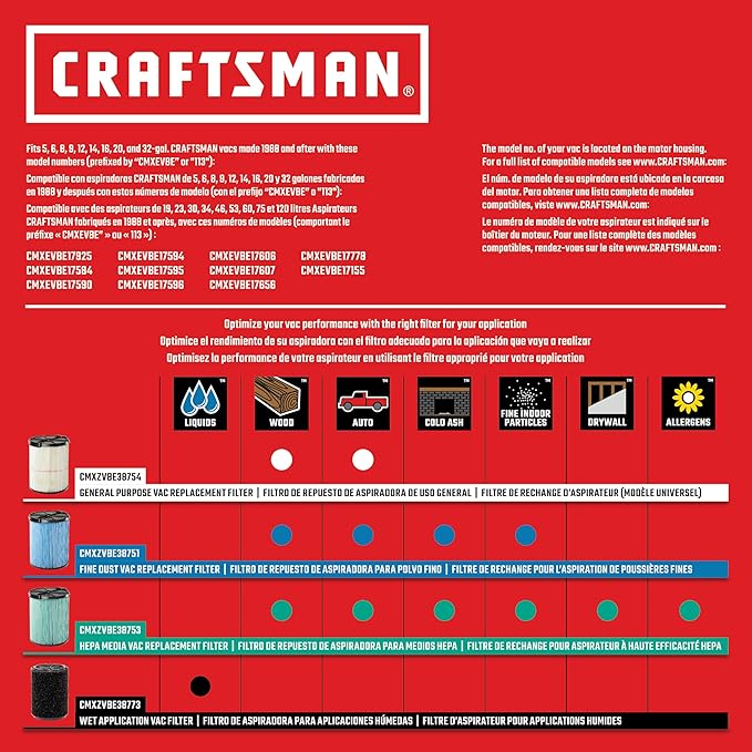 CRAFTSMAN CMXEVBE18695 16 Gallon 6.5 Peak HP Wet/Dry Shop Vac, Heavy-Duty Shop Vacuum Wet and Dry with Filter, Muffler/Diffuser, Dust Bag, Hose and Attachments for Home Projects & Renovations