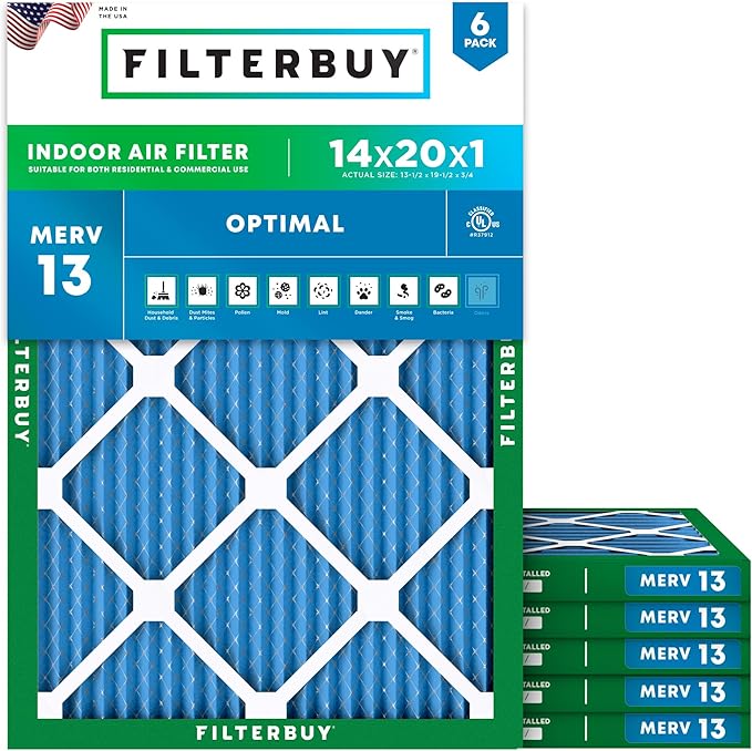 Filterbuy 14x20x1 Air Filter MERV 13 (MPR 1900) Health Defense Replacement (6-Pack), Electrostatic Pleated HVAC AC Furnace Filters, Made in USA (Actual Size: 13.50 x 19.50 x 0.75)