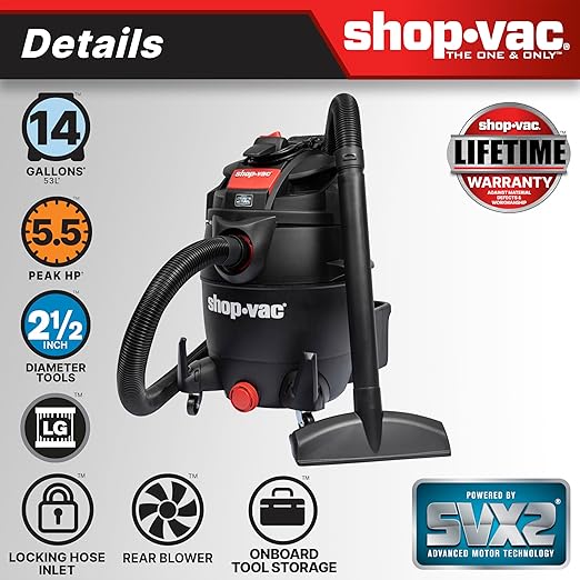 Shop-Vac 5801411 14-Gallon Wet/Dry Shop Vacuum, 5.5 Peak HP, 2.5 Inch Diameter x 7 Foot Hose, 20 Foot Cord, Ideal for Home, Garage, and Workshop Cleaning