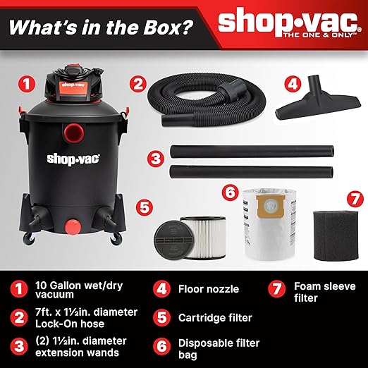 Shop-Vac 5761011 10 Gallon Wet/Dry Shop Vacuum, 4.5 Peak HP, 1.5 Inch Diameter x 7 Foot Hose, 20 Foot Cord, Ideal for Home, Garage, and Workshop Cleaning