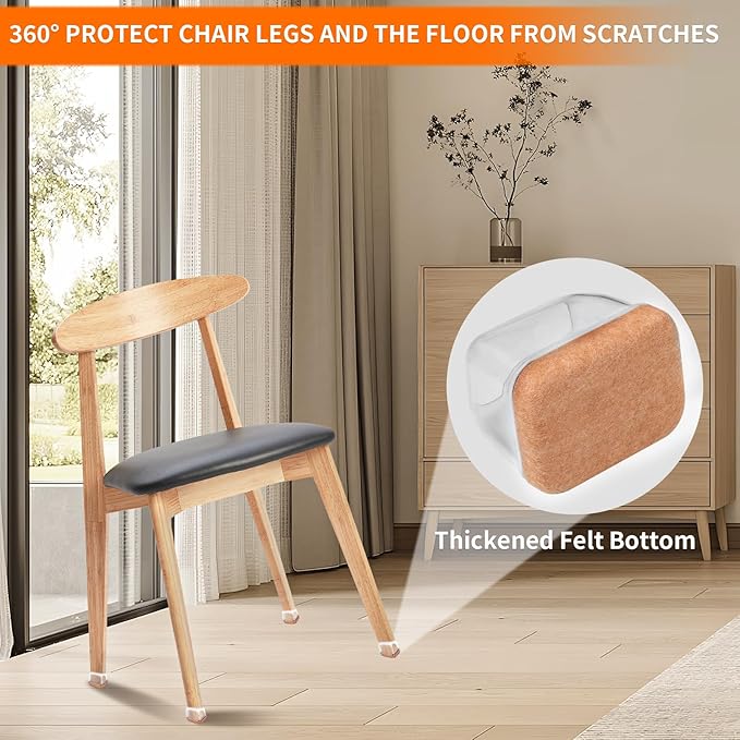 Ezprotekt 24 Pcs Rectangle Clear Silicone Chair Leg Floor Protectors Caps, Rectangle Felt Furniture Leg Pads Covers Cups for Chair Table -Anti-Scratches and No Noise (Fit L :1.3-1.7", W: 0.9-1.2")