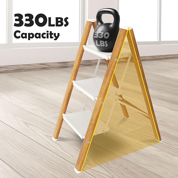 Taranta 3 Step Ladder,Aluminum Lightweight Folding 3 Step Stool with Anti-Slip Wide Pedal,330lbs Capacity Step Ladder for Household,Kitchen,Office - White Woodgrain