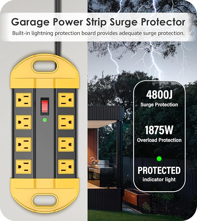 CCCEI Heavy Duty Power Strip Surge Protector, Metal 8 Outlets Power Strip for Appliance. Garage Shop Industrial Workbench 15 AMP Outlets Strip. 6FT Extension Cord, Yellow