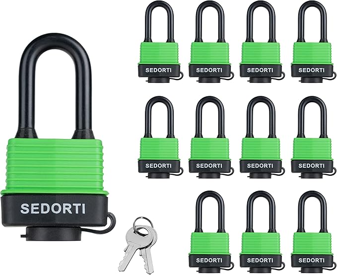 Colored Waterproof Padlocks, Heavy Duty Laminated Steel Lock with Green Plastic Covered, Keyed Alike Outdoor Locks, Can Be Used as Lockout Tagout Lock, Long Padlocks, Pack of 12