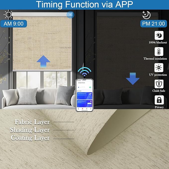 Motorized Blinds with Remote Cordless Automatic Motorized Shades Custom Blinds for Windows Smart Curtains Compatible with Alexa Google Home(Blackout Linen Soft Dunes,W66 x H72in)