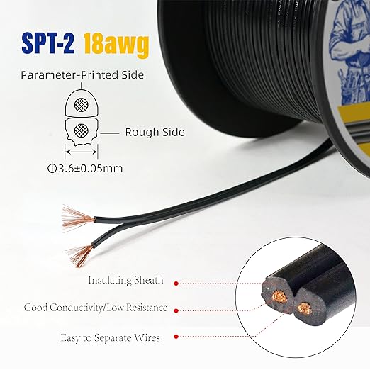 Extension Electrical Wire18/2 SPT-2W Bulk Lamp Cord, 300-Volt 18-Gauge, 50-feet Spool, Black,UL Listed
