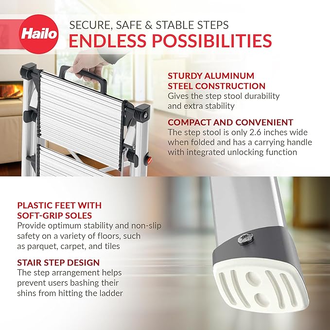 Hailo MK80 Mini Steel Step Stool - Two Large Anti-Slip Steps, 330 lb Capacity - Safety Release Button, Carry Handle - Easy Storage - Silver