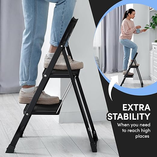 Lifetime Home 2-Step Ladder with Wide Anti-Slip Platform & Thick Rubber Feet - Lightweight Heavy Duty Foldable & Portable - 330 lbs Capacity, Steel Frame, Rubber Handgrip, Folding Step Stool - Black