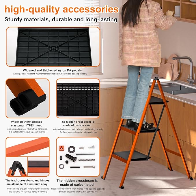 3 Step Ladder,Aluminum Ultra Thin Folding Step Stool,400 Lbs Capacity Heavy Duty with Anti-Slip Sturdy and Wide Tread,Closet Slim Step for Home,Kitchen and Office,Space Saving (Orange, 3-Step)