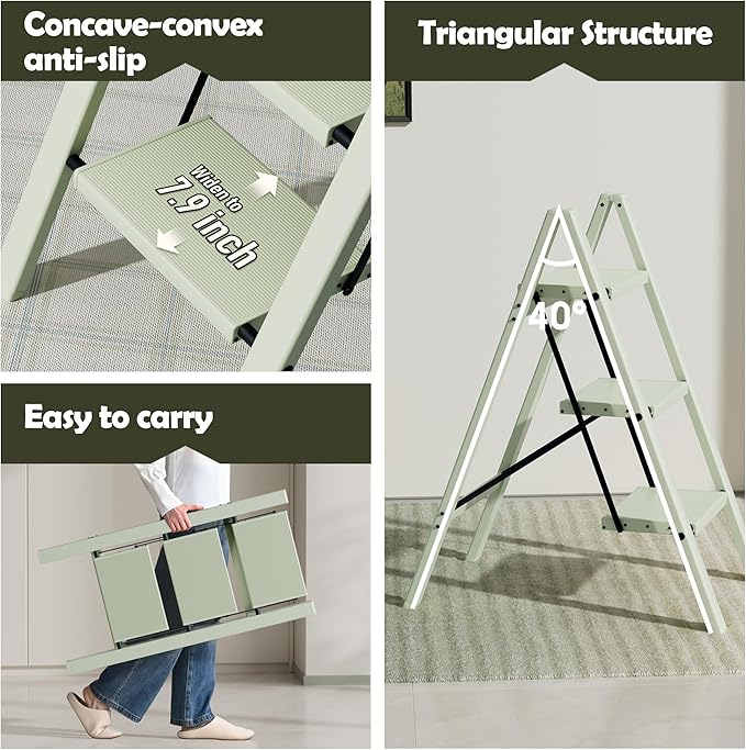 Taranta 3 Step Ladder,Aluminum Lightweight Folding 3 Step Stool with Anti-Slip Wide Pedal,330lbs Capacity Step Ladder for Household,Kitchen,Office - Fairyland Green