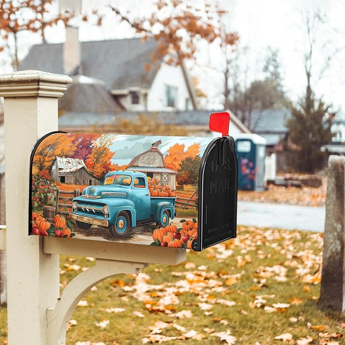 Kawani Fall Mailbox Cover - Autumn Harvest Thanksgiving Pumpkin Farm Truck Magnetic Standard Size 21x18 Inch Rustic Waterproof Post Box Wrap Garden Yard Decor for Outdoor