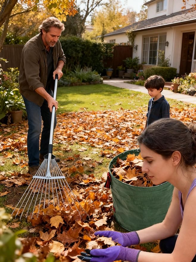 Garden Rake for Leaves with Telescoping Long Handle 33-63" & Adjustable Head 8-22" - Heavy Duty Metal Rake Kit with 16 Gallon Leaf Bag & Gloves, for Yard, Shrubs, Grass, Debris