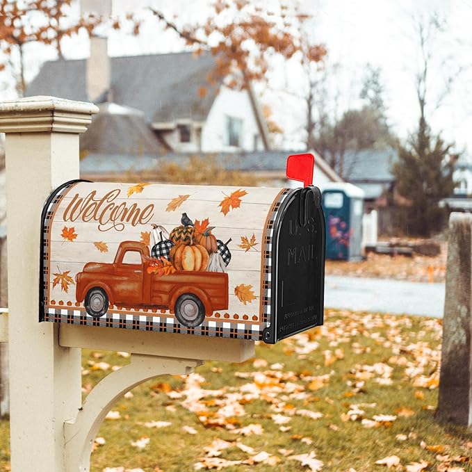 Kawani Fall Mailbox Cover - Autumn Harvest Orange Pumpkin Truck Maple Leaves Magnetic Standard Size 25.5x21 Inch Thanksgiving Waterproof Post Box Wrap Garden Yard Decor