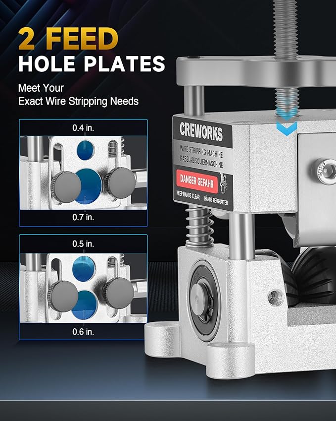 CREWORKS Wire Stripper Machine, 0.06"-1" Manual Wire Stripping Machine, Drill Compatible Copper Wire Stripping Tool for Scrap Wire with 2 Feed Hole Plates, Wire Stripper Power Tool for Cable Recycling