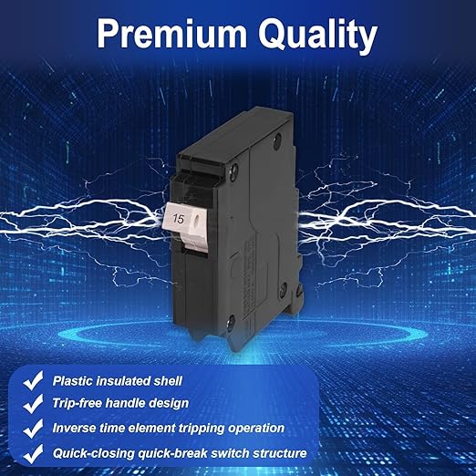 15 Amp 1-Pole Circuit Breaker, Type 3/4-Inch Plug-On Molded Case Circuit Breaker, 120/240V, Thermal Magnetic, 10-Yr Warranty