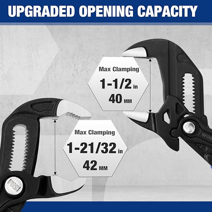 WORKPRO 2-Piece 7-Inch Pliers Wrench & Groove Joint Pliers Set, Quick Adjustment, CR-V Steel, Smooth Jaw & V-Jaw, Upgraded Wide Opening, Soft Grip - for Plumbing, Pipe Fittings, Household Repairs