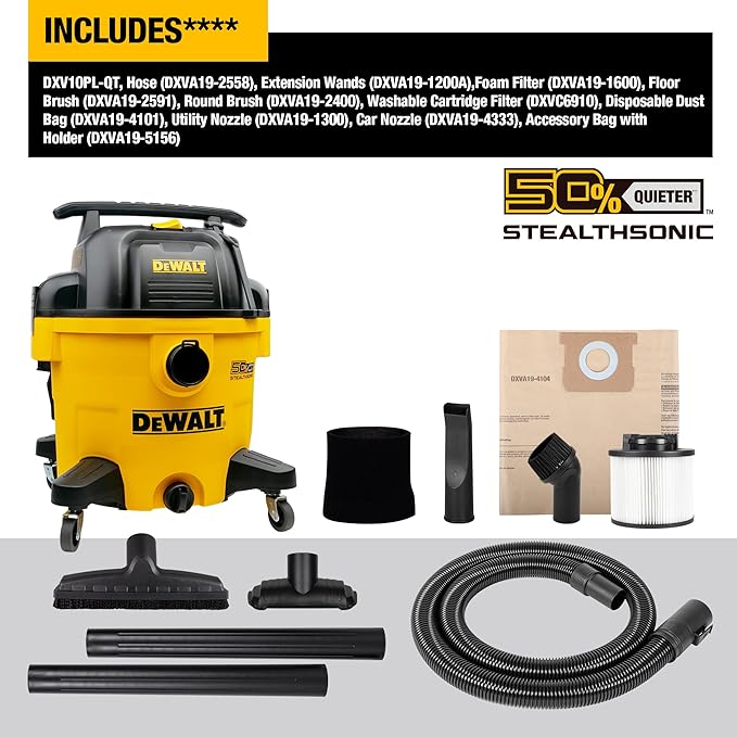 DEWALT 10 Gallon 5.0 Peak HP STEALTHSONIC Shop Vacuum Wet and Dry, Ultra Quiet Wet Dry Vac, Ideal for Jobsite, Garage, Car & Workshop, DXV10P-QT with Attachments & Powerful Suction, Portable Cleaning