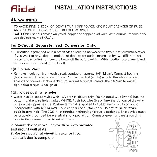 AIDA 10 Pack 15 Amp Outlet Duplex Electrical Receptacle Outlets,Power Outlet,Tamper Resistant,Heavy-Duty Receptacle, 2 Pole,3-Wire, Self-Grounding Clip, NEMA 5-15R,UL Listed,White