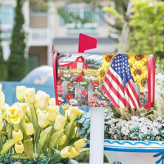America Flag Patriotic Mailbox Covers - 4th of July Magnetic Standard Size 25.5x21 Inch Summer Floral Bird Waterproof Mailbox Wraps - Post Letter Box Covers - Garden Yard Decor for Outdoor