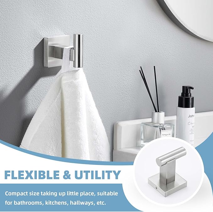 Suyar Bathroom Hardware Set Brushed Nickel, 304 Stainless Steel Bathroom Accessories 4 Pieces, Include Robe Hook, Toilet Paper Holder, Hand Towel Holder, Towel Bar, Wall Mount