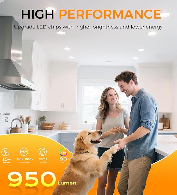 CLOUDY BAY 6 inch 3000K/ 4000K/ 5000K Three Color Temperature Selectable, Dimmable 15W CRI 90+, Ultra Thin LED Recessed Light with Junction Box, Canless Wafer Downlight, Damp Location,White, 12 Pack