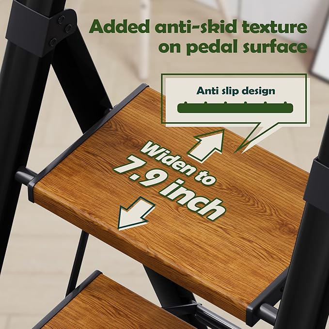 Taranta 3 Step Ladder, Portable Folding Ladder with Wide Pedal,Lightweight Aluminum Step Stool with Convenient Handgrip,330 lbs Capacity Stepladder for Home, Office-BlackWoodgrain