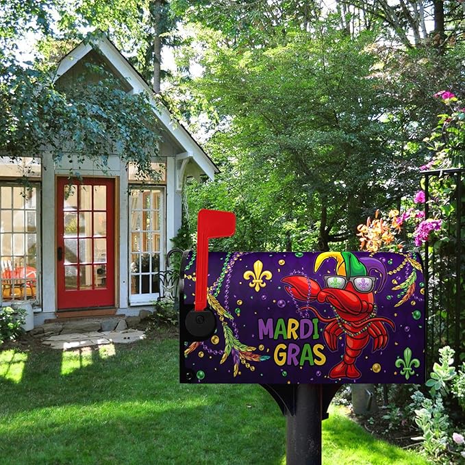 Mardi Gras Mailbox Cover Magnetic Lrage Size 21x25.5 Inch Crawfish Carnival Beads Mailbox Covers Oversized Letter Box Wraps for Holiday Outdoor Garden Yard Decor