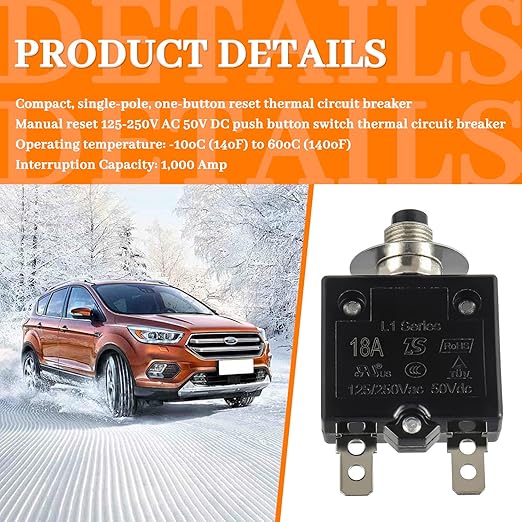 HUWREW 18 Amp Push Button Circuit Breaker 125-250V AC 50V DC L1 Series Manual Reset Thermal Circuit Breaker 18A Thermal Overload Protector (Pack of 2)