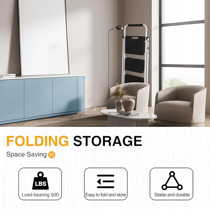 3 Step Ladder, Portable Steel Folding Step Stool with Wide Anti-Slip Pedal & Convenient Handgrip, 500lbs Sturdy Steel Ladder, White