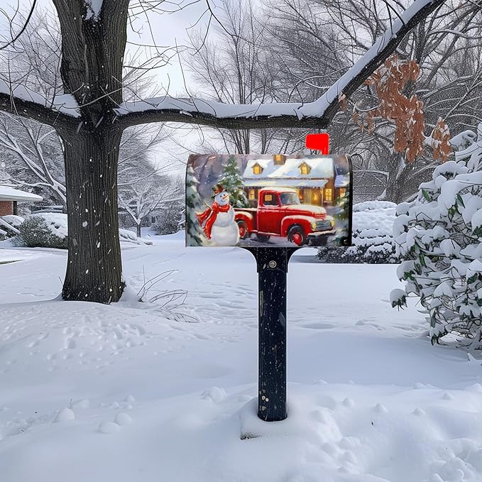 Winter Snowman Mailbox Covers Magnetic Large Size Merry Christmas Truck Mailbox Cover Pine Tree Snow Mailbox Wraps Mailbox Post Cover Oversized Graden Decor Waterproof 25.5 X21 Inch