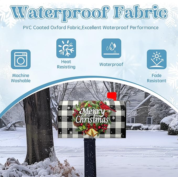Merry Christmas Mailbox Covers Magnetic Large Size Winter Buffalo Plaid Mailbox Post Cover Oversized Xmas Snowflake Mailbox Wraps Holiday Mailbox Decor Waterproof 25.5 X 21 Inch
