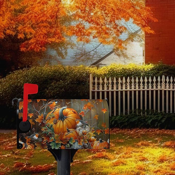 Fall Pumpkin Mailbox Covers Magnetic Standard Size 21x18 Inch Autumn Maple Leaves Birds Mail Box Cover Seasonal Farmhouse Post Letter Box Wraps for Outdoor Garden Decor