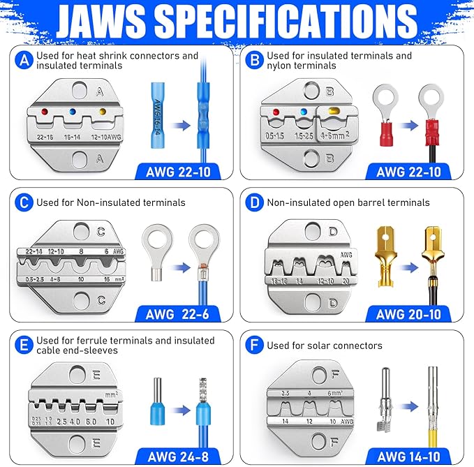 Crimping Tool Set 6PCS - Ratchet Wire Crimping Tool for Heat Shrink,Insulated Nylon,Non-Insulated,wire ferrules,Open Barrel Terminals,Solar Connectors - Crimper with 6 Interchangeable Die