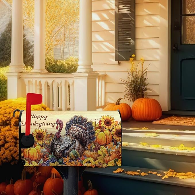 Happy Thanksgiving Turkey Mailbox Covers Magnetic Large Size 25.5 x 21 Inch Fall Sunflower Pumpkin Mailbox Cover Thanksgiving Letter Box Post Wraps Outdoor Decorations for Garden Yard