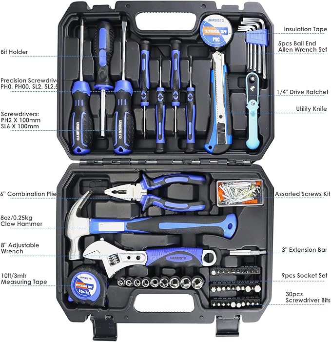 Auto Repair Tool Set 128-piece Mechanic Hand Tool Kit with Storage Box, Nail, Pliers,Screwdriver, Hammer, Drive Socket, Wrench for Homeowner, DIY, Handyman