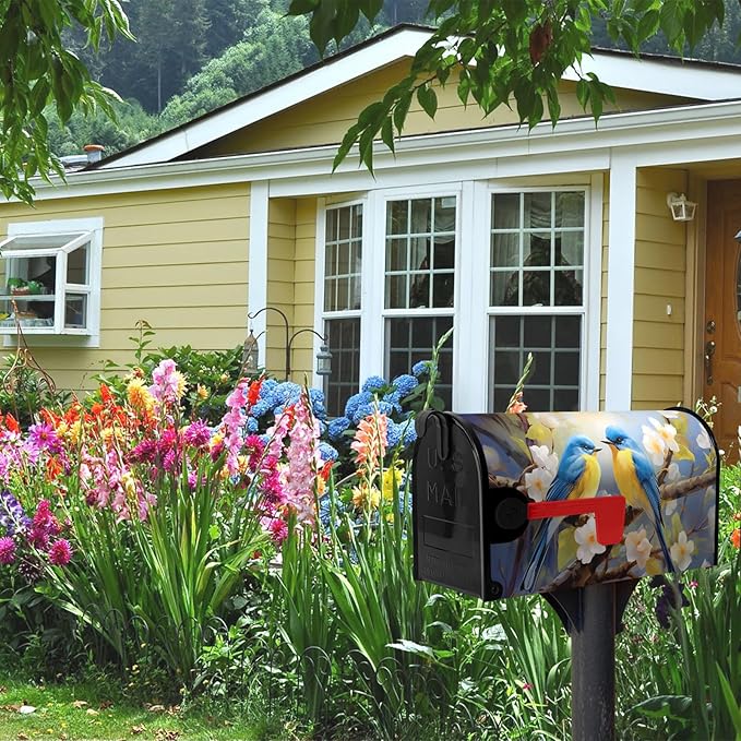 Summer Bird Floral Mailbox Covers Magnetic Oversized Spring Bluebirds Flower Mailbox Cover Large Size 21x25.5 Inch Mailbox Wraps Outdoor Decoration Post Letter Box Cover for Garden Yard