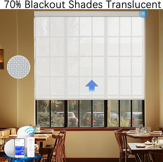 Motorized Blinds with Remote Cordless Automatic Motorized Shades Custom Blinds for Windows Smart Curtains Compatible with Alexa Google Home(Solar White,W49 x H72in)