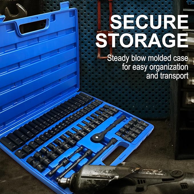 MacWork 67 Pieces 3/8“ Drive Impact Socket Set, SAE and Metric Sockets, CR-V & CR-Mo, Complete Socket Set with Shallow, Deep & Swivel Sockets, Includes Ratchet, Extension Bars & Adapters