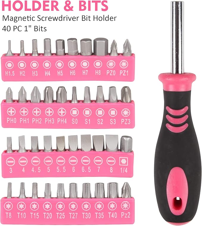 CARTMAN 52 Piece Tool Set Hand Tool Set with Easy Carrying Round Pouch - Perfect for DIY Pink