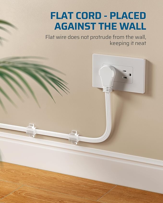 DEWENWILS 10FT Flat Plug Extension Cord, 3 Prong Ultra Thin Power Strip, 360° Rotating Plug, 13A/125V/1625W, 16 Awg Grounded Flat Power Cable for Indoor Narrow Space, SPT-3, ETL Listed, White