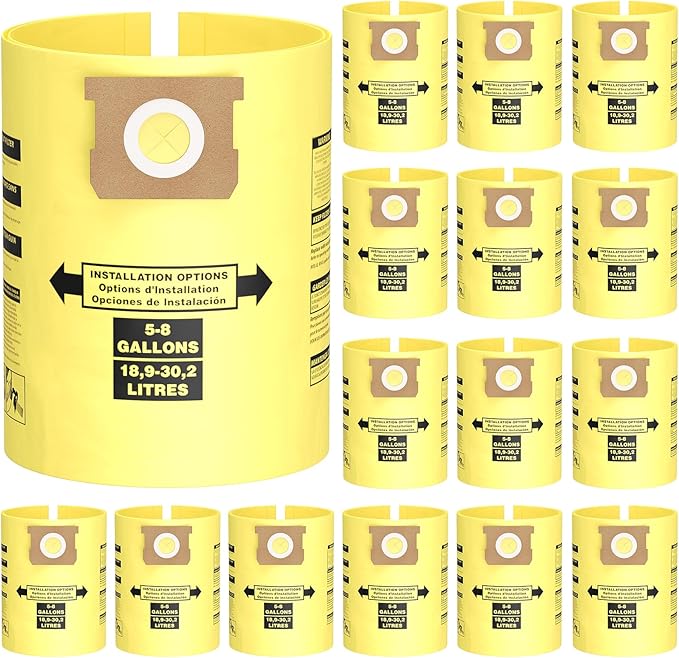15PCS 5-8 Gallon Wet Dry Vacuum Filter Bags Replacement For Shop Vac Bags, Replace Part Type H #90671 9067100 9067133, Type E #90661 9066100 9066133, VF2004, VHBS VDBS(Yellow)
